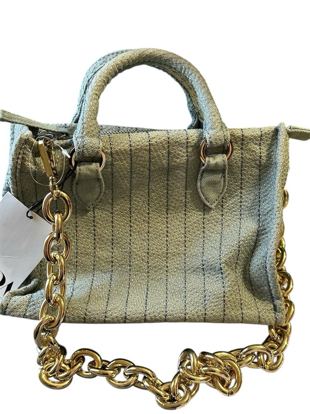 Zara Gray Stripe Canvas Gold Chain Handle Shoulder Bag New Zip Top